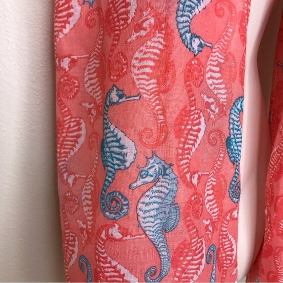 Seahorse Graphic Coral Aqua Teal Long Rectangle Scarf 22 X 71 Lightweight - Picture 2 of 7